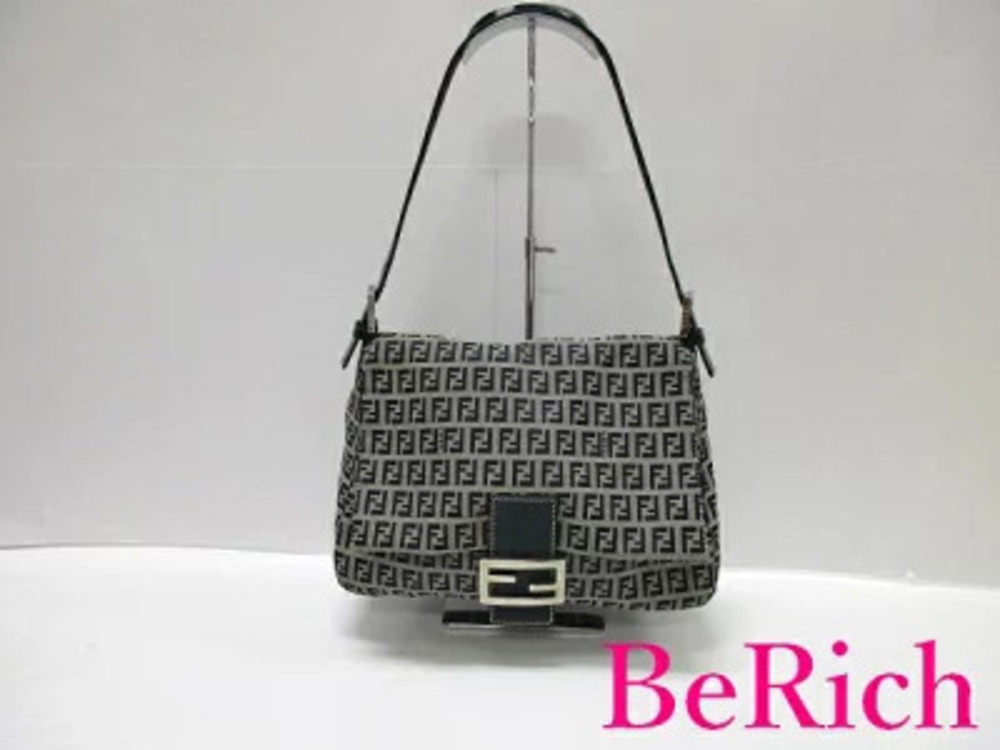 Fendi Shoulder Bag Zucchino Mamma Bucket Navy Blue Canvas Leather Zucca One Semi